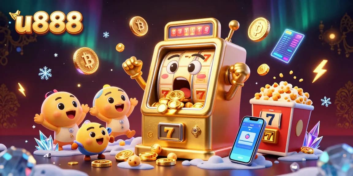 u888 captures a golden slot machine celebrating a jackpot with coins spilling everywhere, showcasing thrilling gaming excitement.