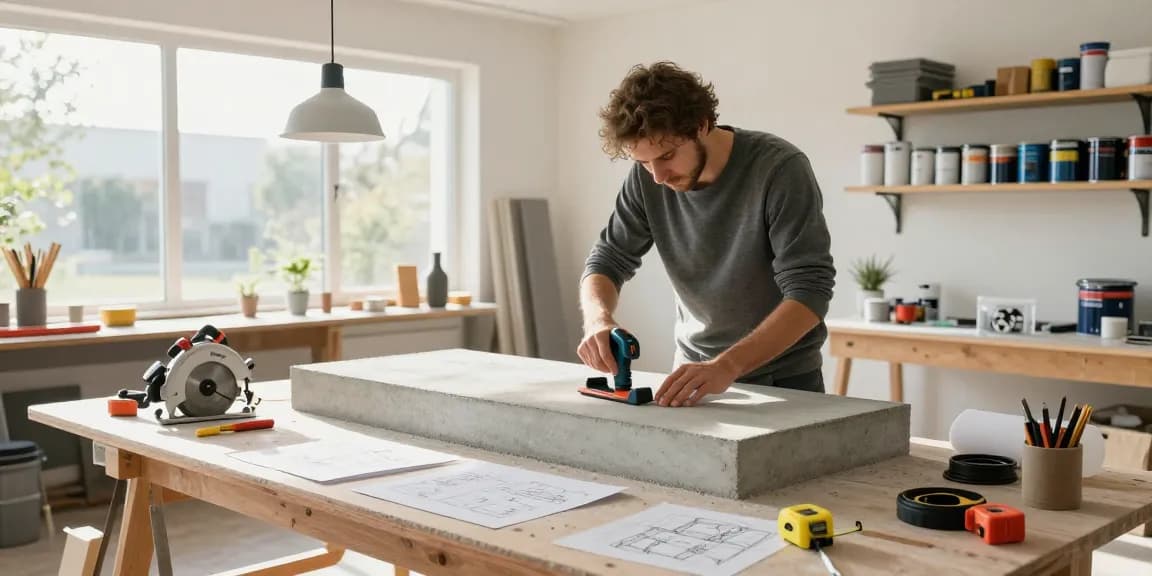 NAGA2000 used by a DIY enthusiast crafting concrete countertops in a bright workshop.