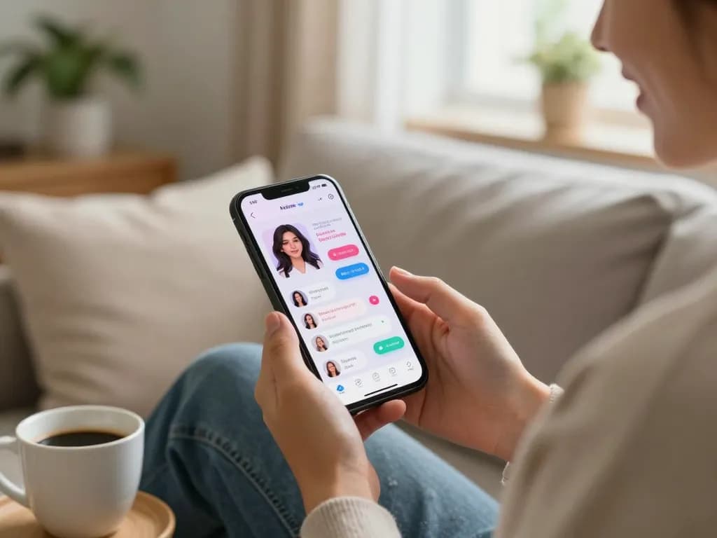 Engaging with an AI girlfriend chat app in a cozy home setting.