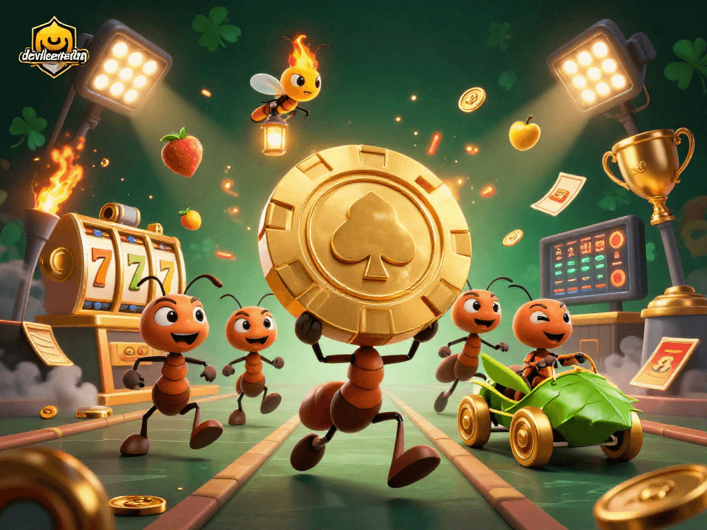 Permainan slot menarik dari devillemarketing dengan chip poker emas besar dan karakter dinamis.