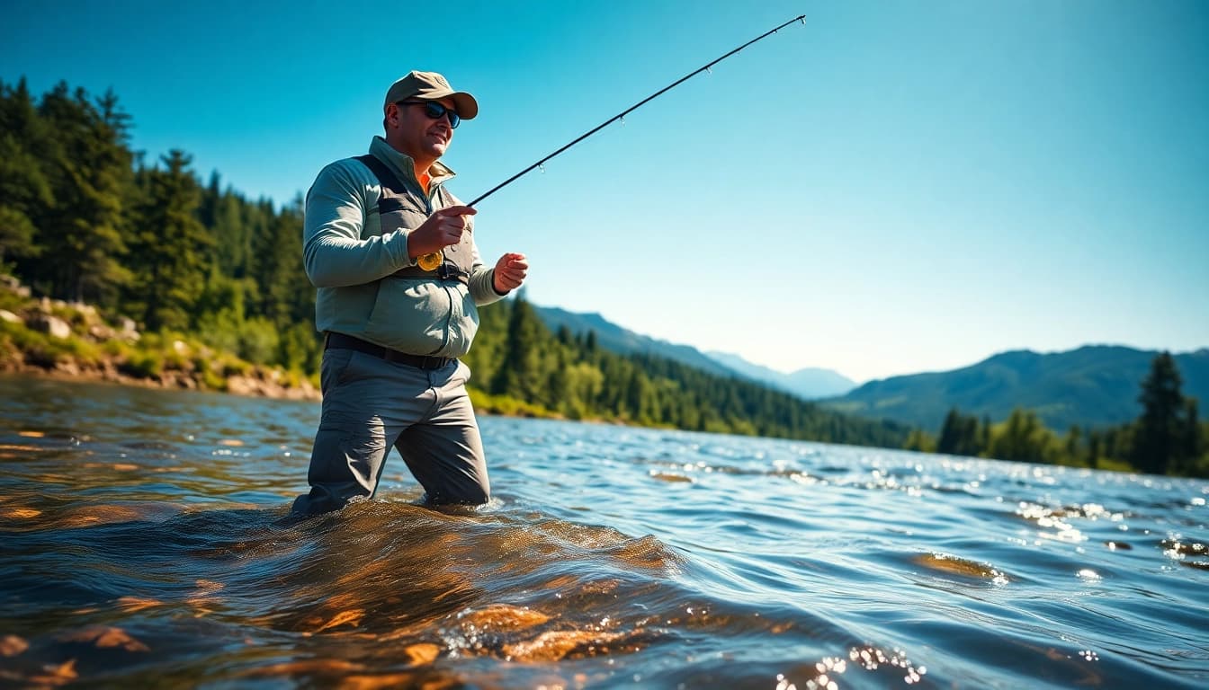 Angler showcasing fly fishing apparel while casting in a scenic river setting.