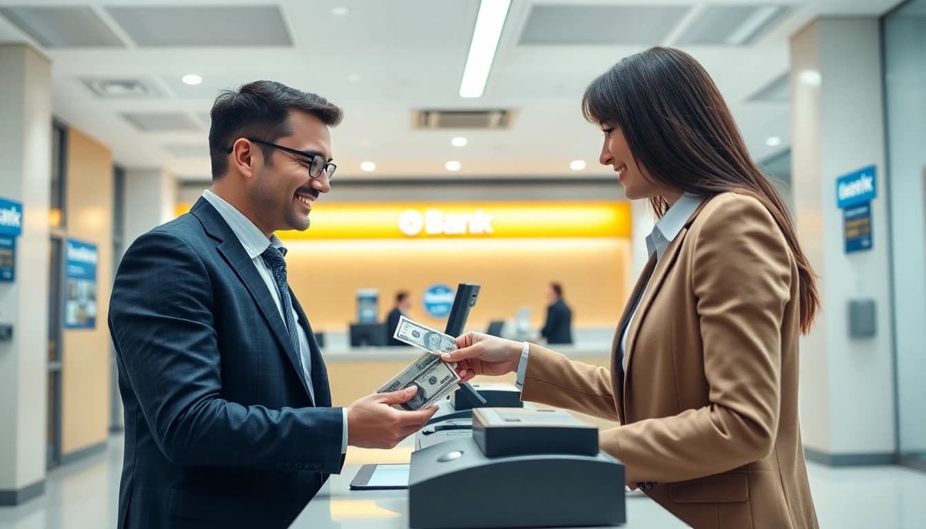 Melakukan deposit 1k di bank dengan teller yang profesional yang membantu pelanggan.
