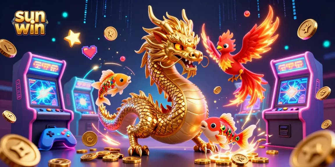 Experience the thrill of sun win with a vibrant 3D casino scene featuring mythical creatures and gaming elements.