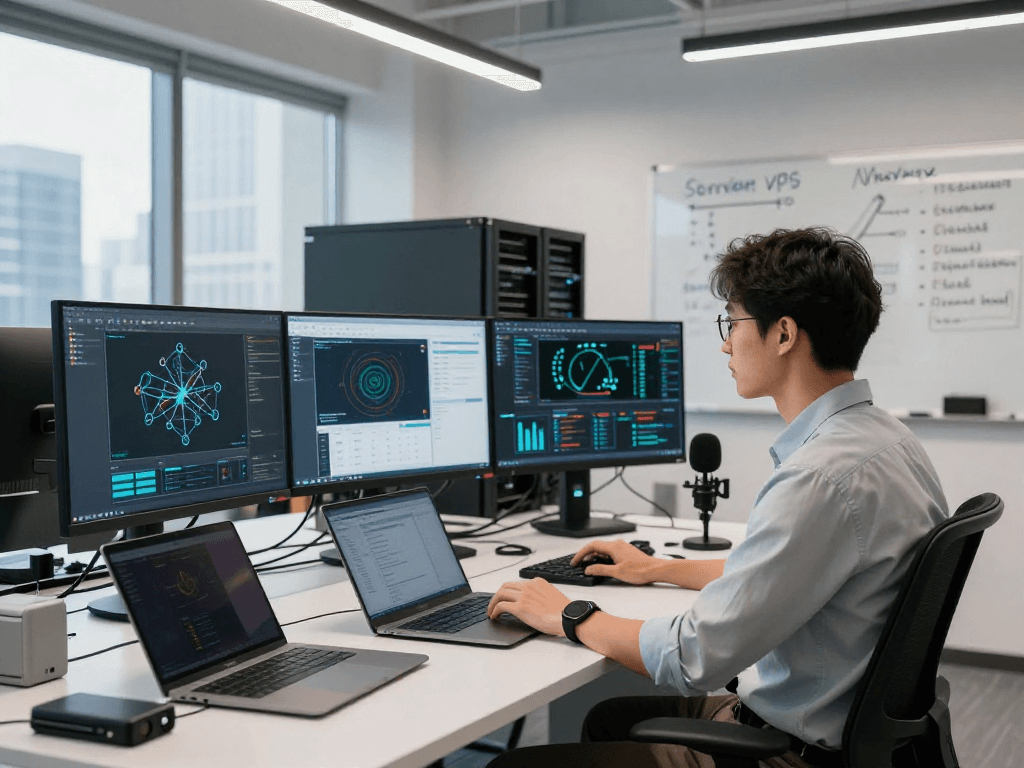 Focus on Servidores VPS Windows en México in a high-tech office with a professional configuring multiple server monitors and tech equipment.