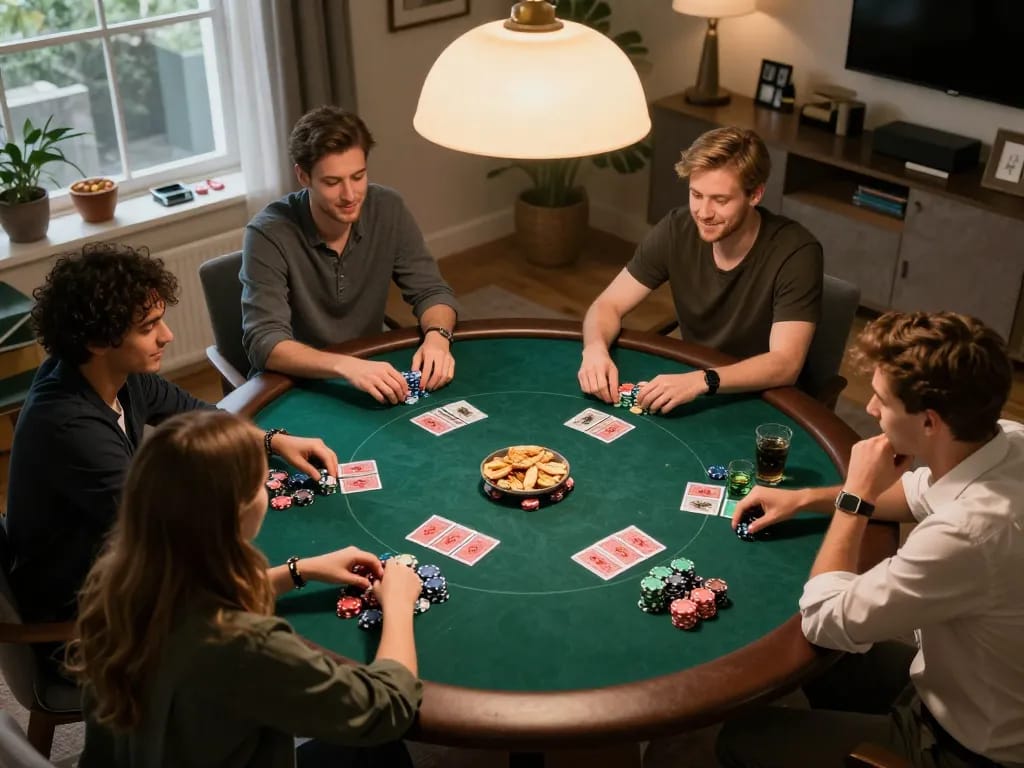 IDNSCORE players analyzing hands in a cozy home poker game surrounded by friends.