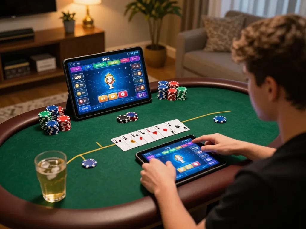 Player engaging in a strategic poker game on sc88vn tablet, showcasing online gambling action.