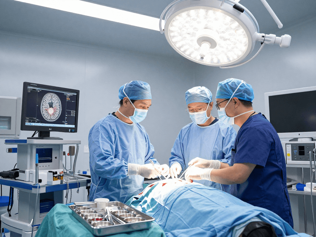 Brain tumor surgery in action with surgeons and advanced imaging technology, showcasing beyin tümörü ameliyatı techniques.
