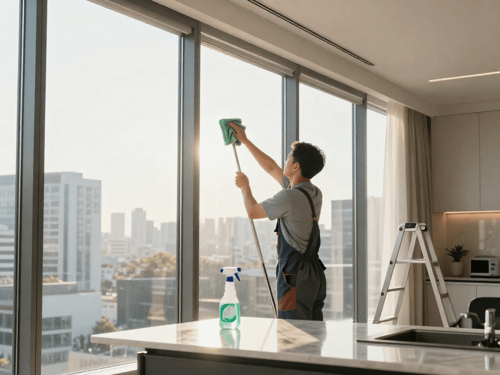 Professionelle Glasreinigung Firma in Dortmund reinigt Fenster in modernem Apartment mit umweltfreundlichen Mitteln.