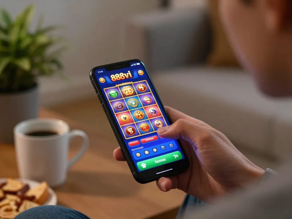 Player engaging with the 888vi casino app for an immersive mobile gaming experience at home.