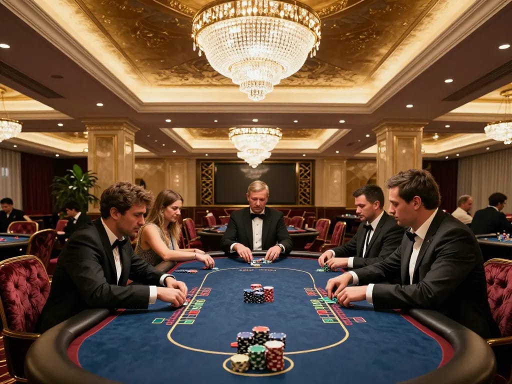 Bet 88 players enjoying a high-stakes poker game in an elegant VIP area.