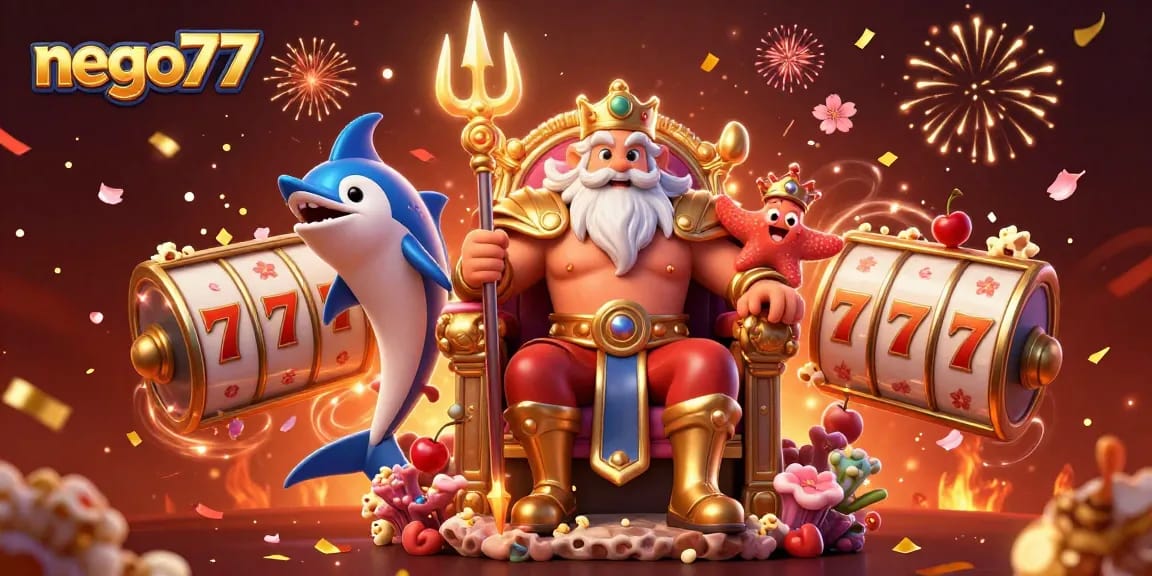 Experience the thrill of nego77 with vibrant slot reels, Neptune, and festive elements in a dynamic casino scene.