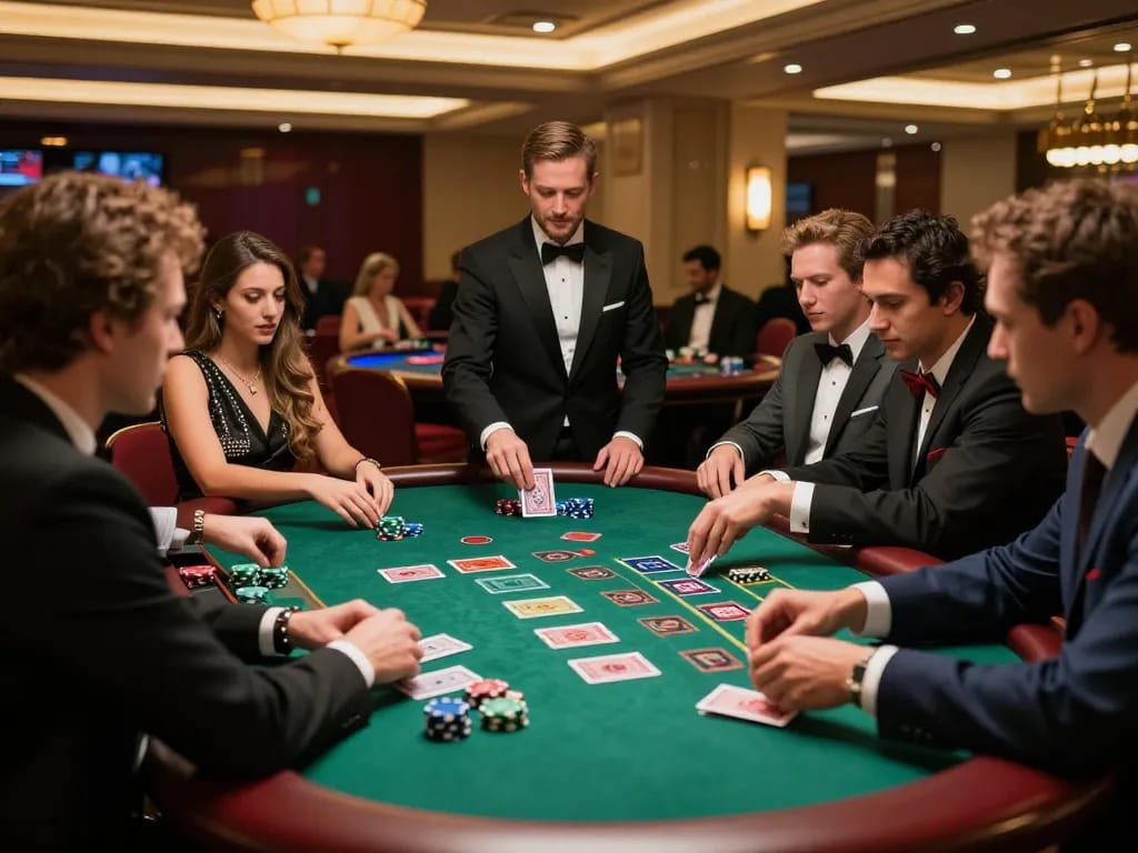 kp88 players celebrating their blackjack wins in an upscale casino.