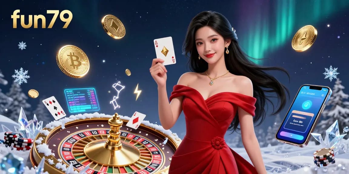 Play and win exciting games at fun79 with a stunning illustration of casino elements and vibrant colors.