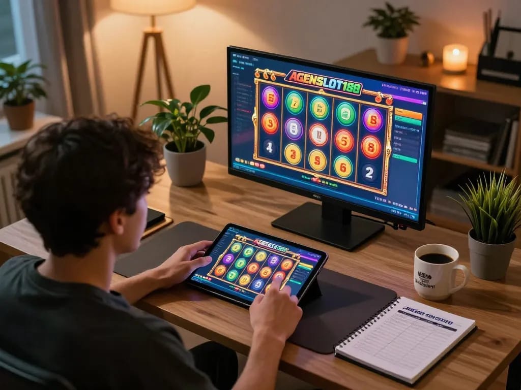 Engaging user plays slots on AGENSLOT188 app, showcasing excitement with potential big win.