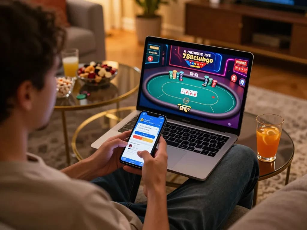Engaging with 789clubgo on a laptop during a cozy night of online poker, showcasing a vibrant home atmosphere