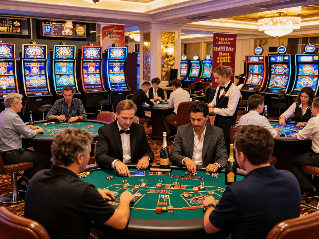 Explore the excitement of eu online casinos with diverse players enjoying games in a luxurious setting.