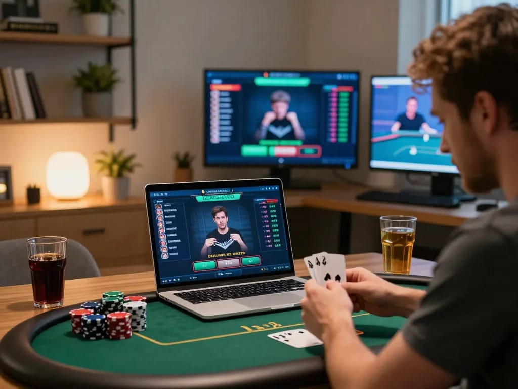 Engaging online poker session showcasing a player on a laptop immersed in open888, analyzing bets and strategies