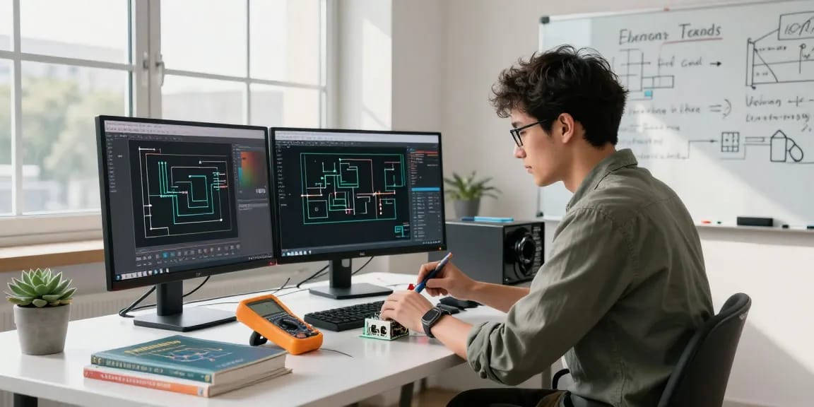 Engineer designing IEC connectors at a modern technology workspace with bright lighting and technical tools.