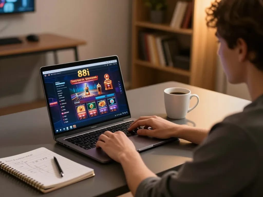 Engaging gaming session on 88i casino platform at a cozy desk.