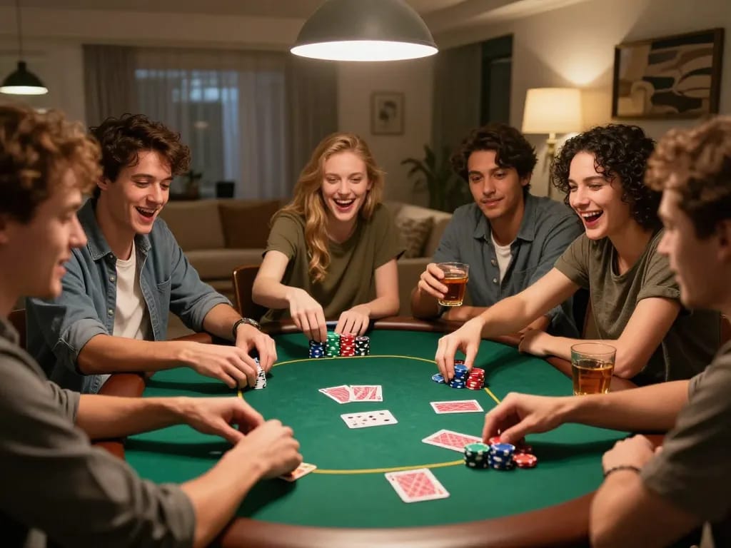 Friends enjoying a spirited poker game night at home, showcasing strategic play and camaraderie at hay88x.