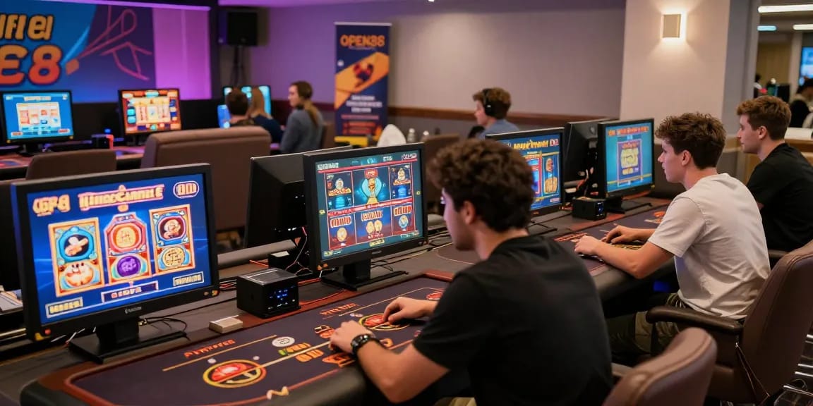 Players enjoying interactive games at https://open88.games/ in a vibrant gaming lounge, showcasing the thrill of online gambling.