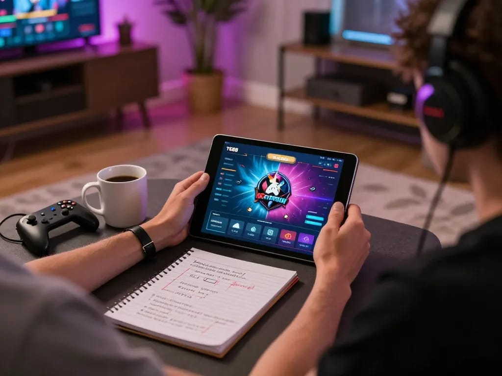 Engaging in online gaming at home with TG88-link app displayed on tablet for an immersive experience