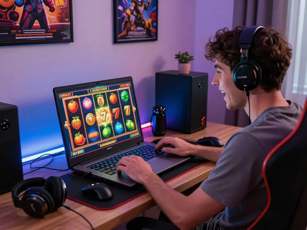Engaging online gaming experience with kerajaanslot visuals, featuring a player in a cozy setup.