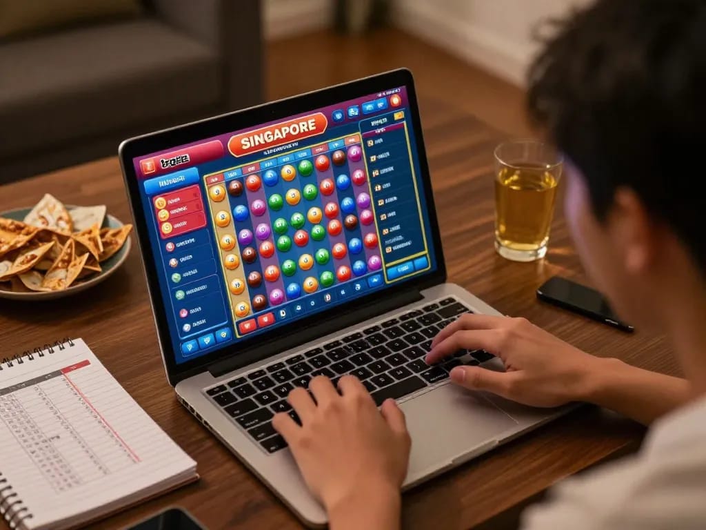 Togel Singapore online gameplay displayed on a laptop screen with colorful balls and dynamic betting options, creating excitement