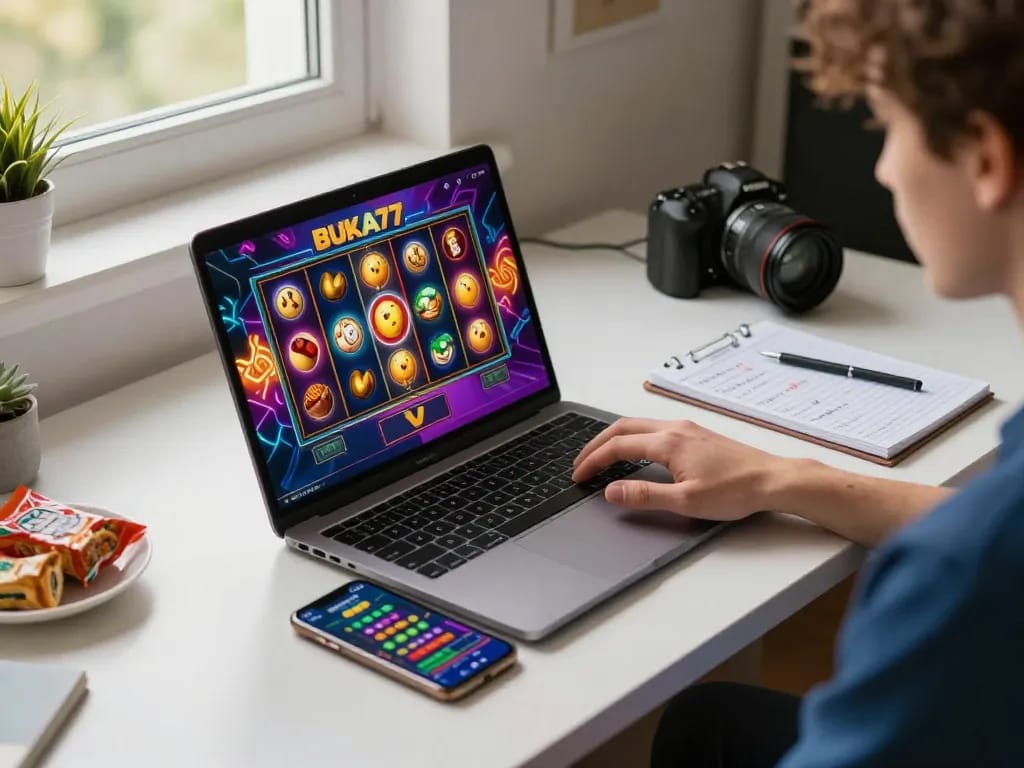 Engaging in BUKA77 online slot gameplay using laptop and smartphone in cozy home setup