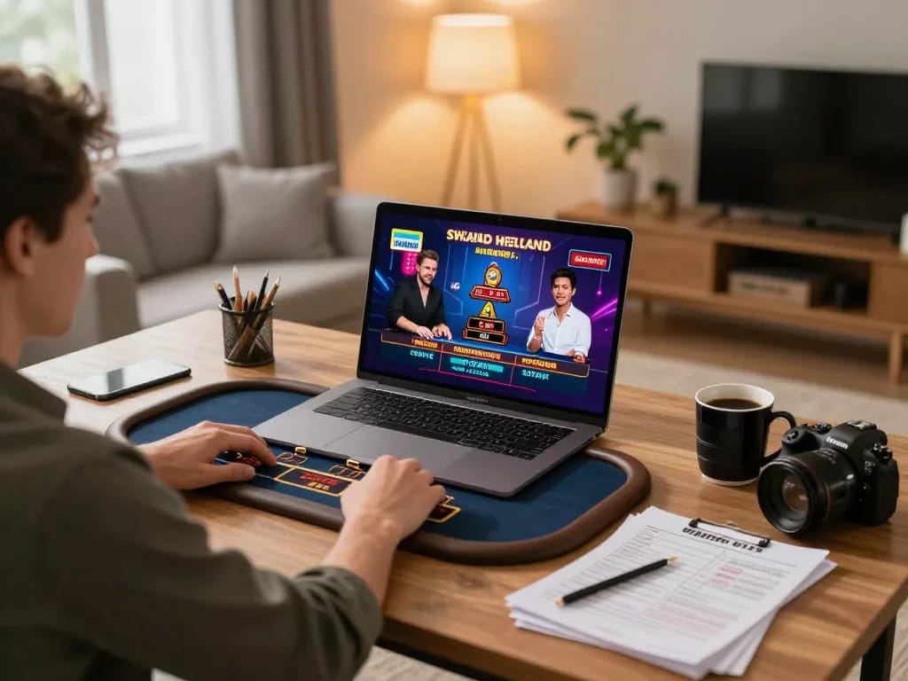Player engaging in online king33 casino gaming, showcasing interactive live dealer experience at home.
