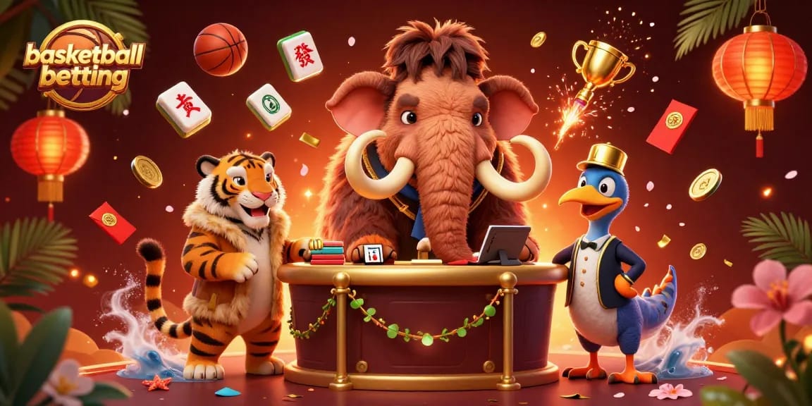 Engage in basketball betting excitement with unique cartoon creatures at a vibrant casino scene.