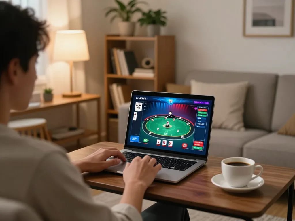 MMLIVE user strategizing with a poker game on laptop in a cozy home setup.