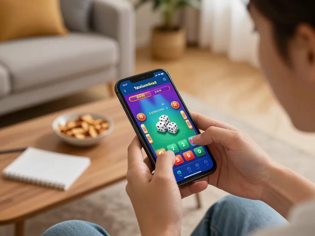 Engaging gameplay on the taixiuonline8 app showing betting options and dice, set in a cozy home environment.