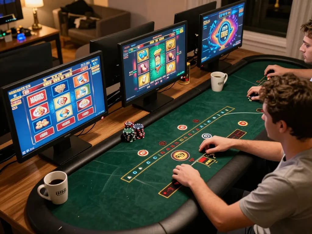 Gajah toto players enjoying online casino gaming at home with multiple screens