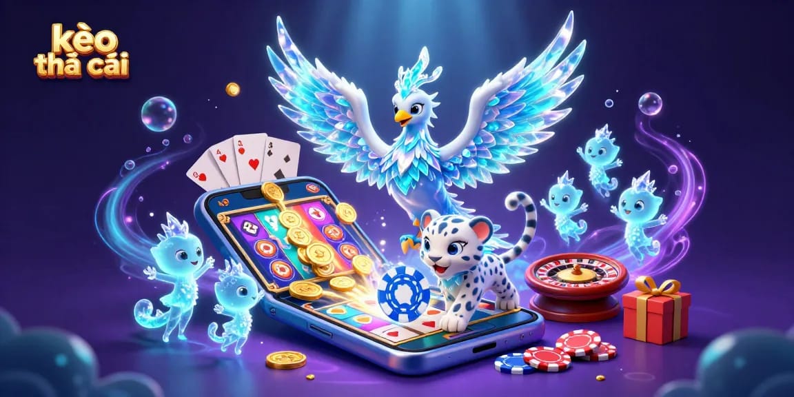 Engage with the kèo nhà cái visualization featuring a dynamic scene of an ice phoenix, snow leopard, and glowing sprites amidst a colorful gambling landscape.