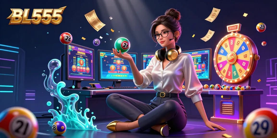 Engage with the exciting gaming atmosphere of BL555 as vibrant lottery elements dynamically enhance the scene.