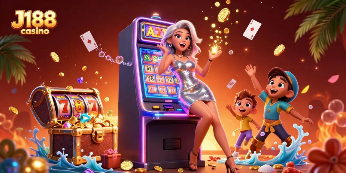 Engage with J188 casino's vibrant slot games as a stunning Asian woman celebrates a jackpot win.