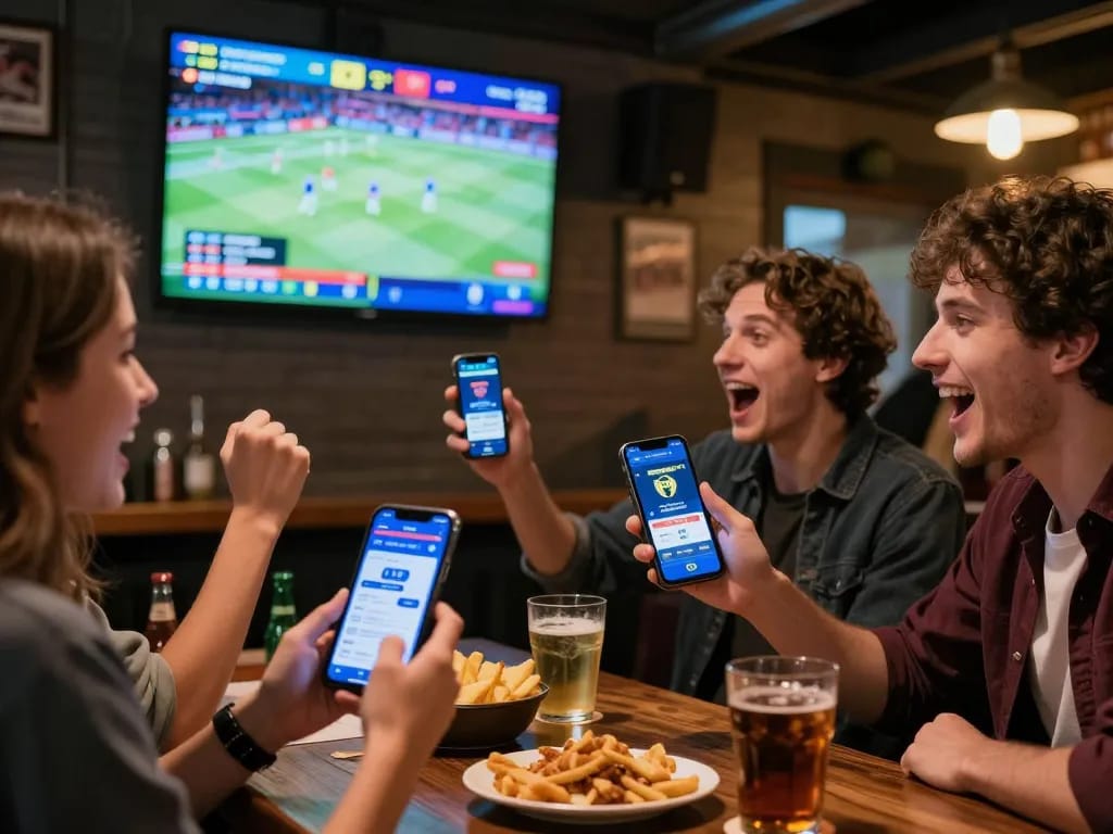 Betting enthusiast celebrating a win at TG88 sports betting bar with friends