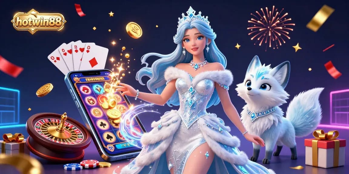 Engage with hotwin88's vibrant casino experience featuring a stunning ice queen in an enchanting scene.