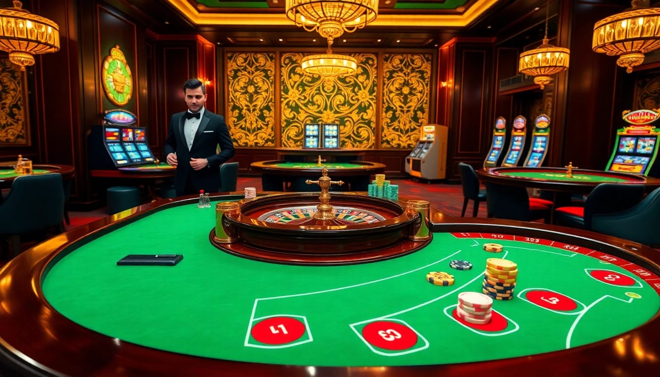 Excitation du Casino en Ligne Français à une table de jeu luxueuse, mettant en avant des jetons de poker et une roulette.