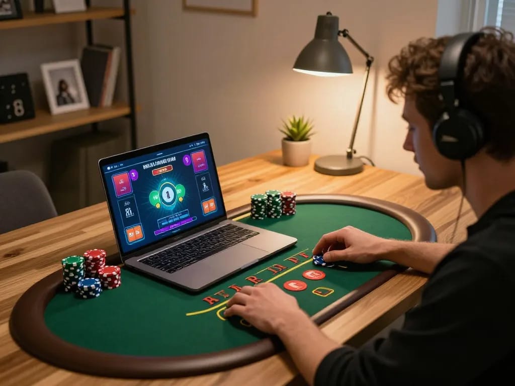 Kubet player engaged in live blackjack game on laptop, showcasing strategic gameplay in a cozy home office.