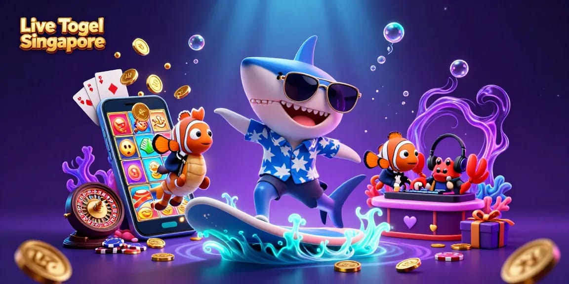 Win with Live Togel Singapore as a shark surfs golden coins, showcasing vibrant gambling elements.
