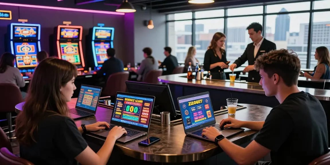 Players exploring casinos accepting credit cards in a vibrant online gaming environment with laptops and drinks.