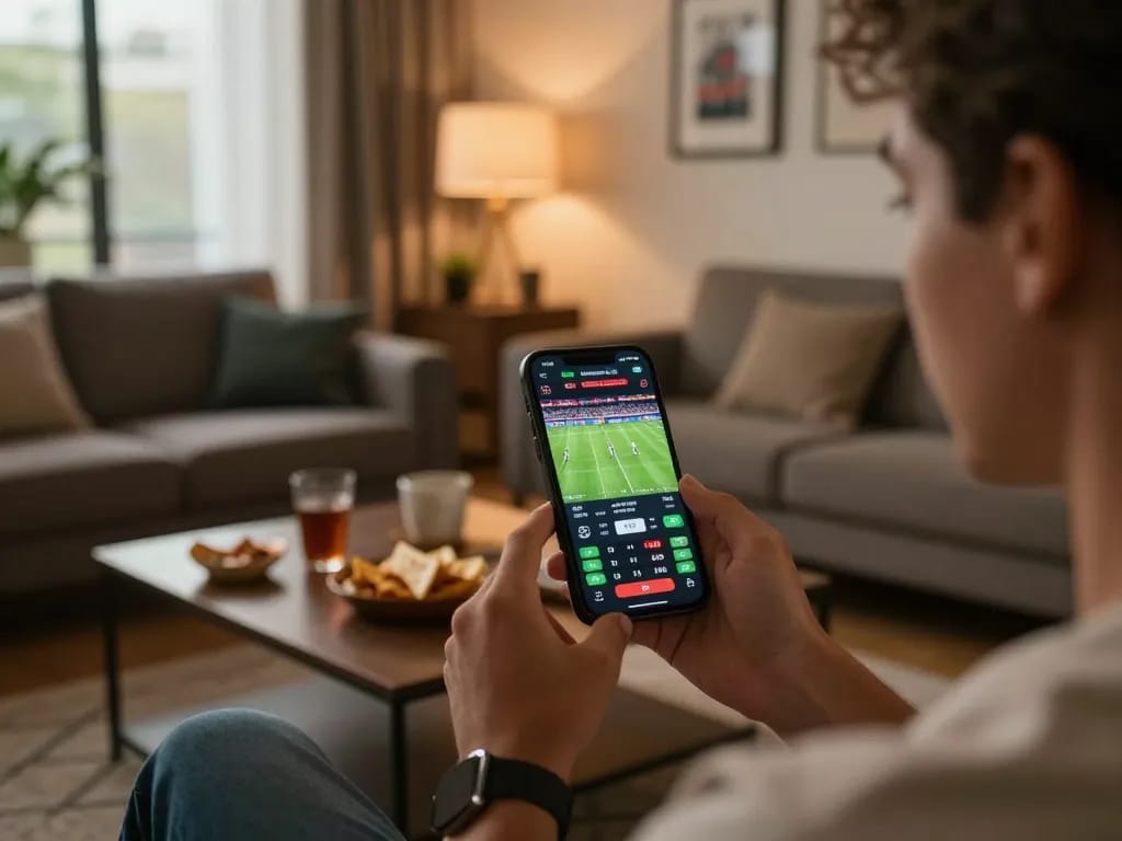 Sunwin player placing bets in a modern living room during a sports game