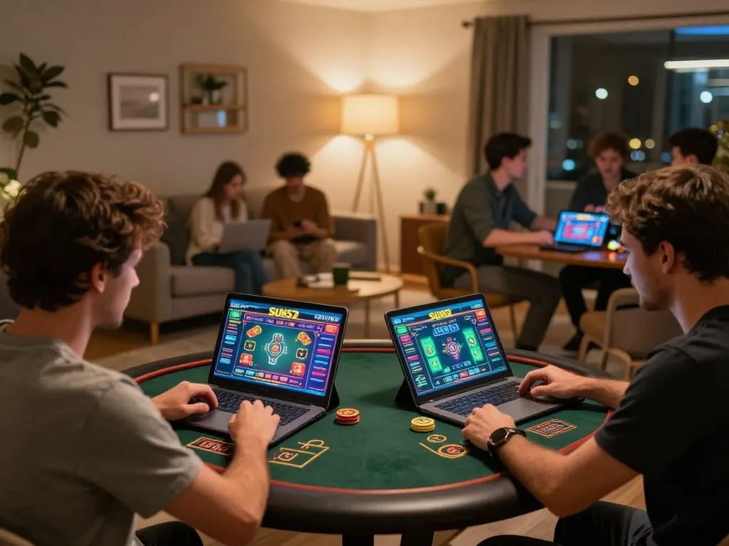 Players strategizing their bets at Sun52's online casino from the comfort of home.