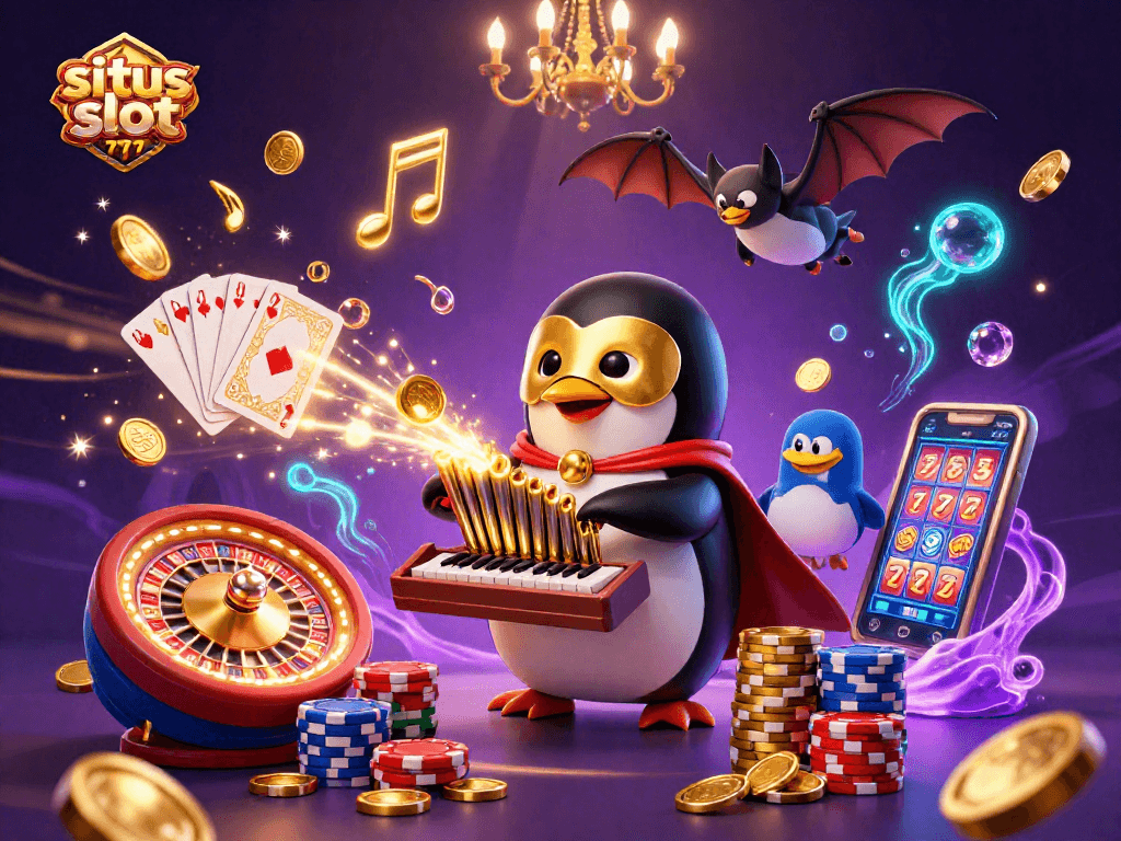 Engage with situs slot gacor 777 for thrilling gaming, featuring a cartoon penguin and golden coins.