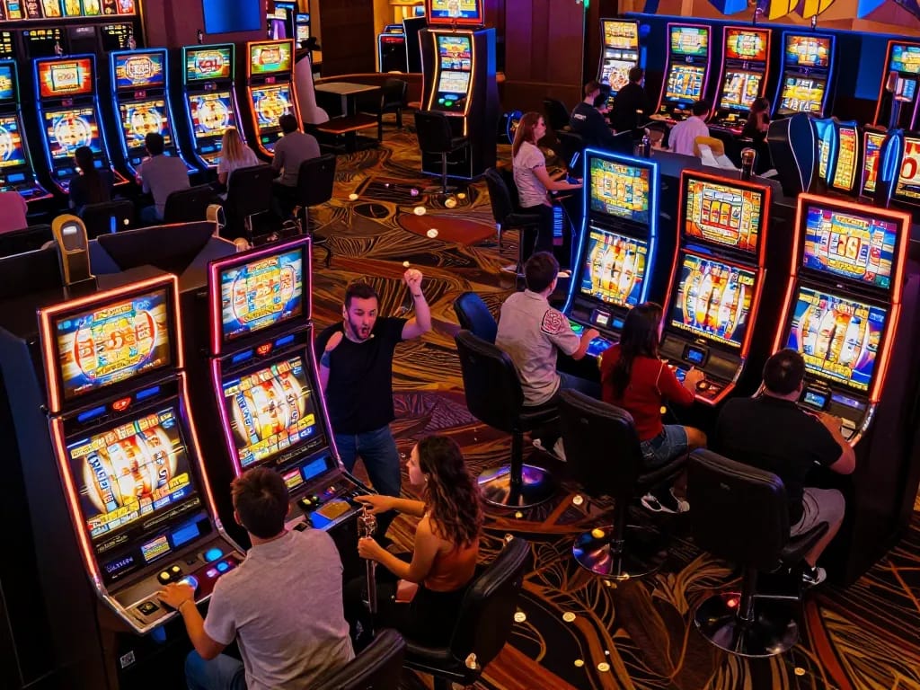 Players celebrating wins at vibrant slot thailand machines in an exciting casino environment