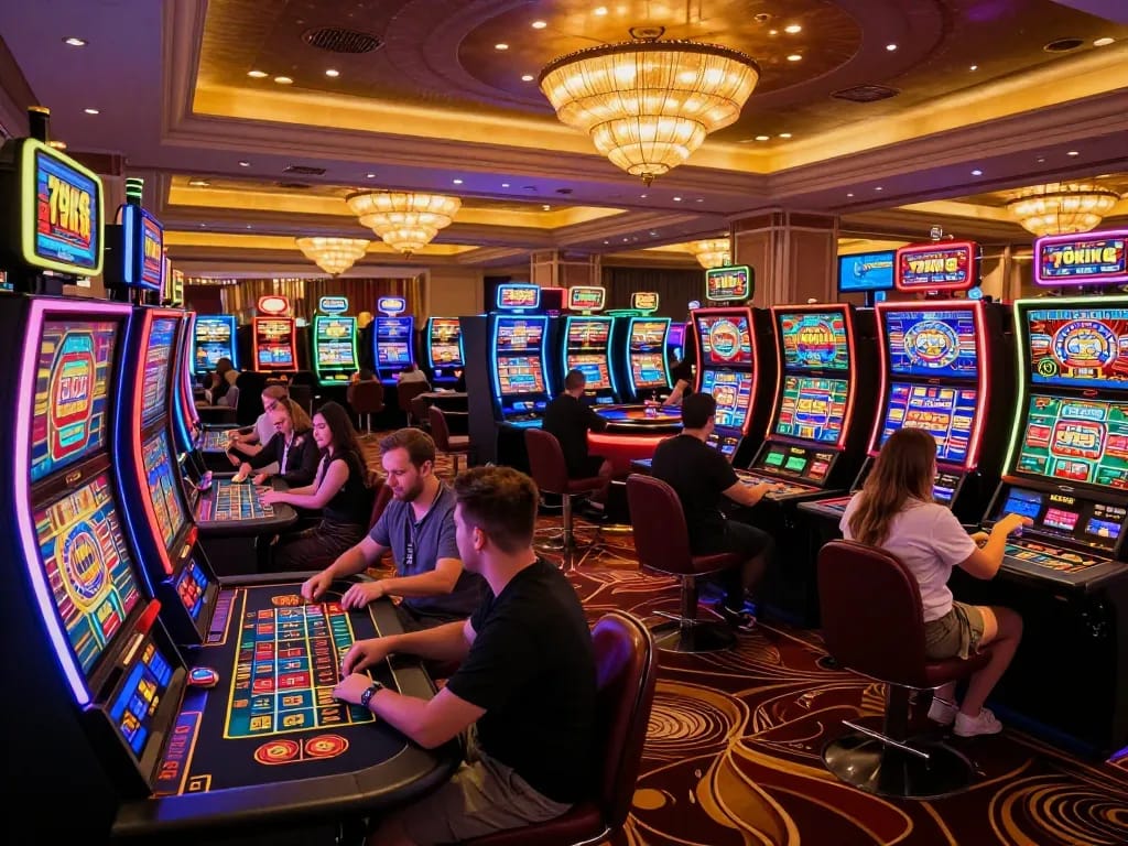 Players engaging with colorful slots and roulette at 79 king casino, vibrant atmosphere.