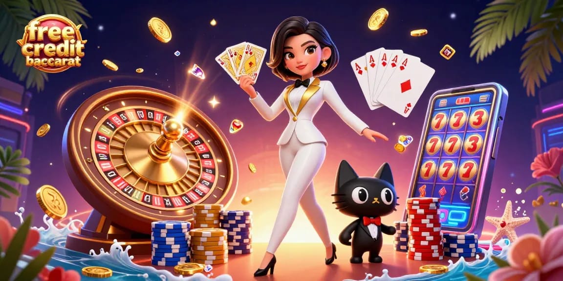 Win big with free credit baccarat, featuring a glamorous dealer and animated casino elements.