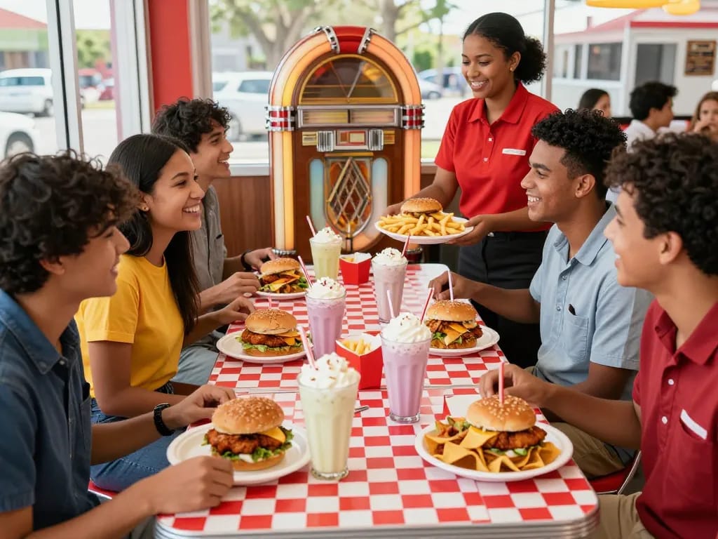 Enjoying a vibrant fast food menu with friends at a busy diner, showcasing burgers and fries.